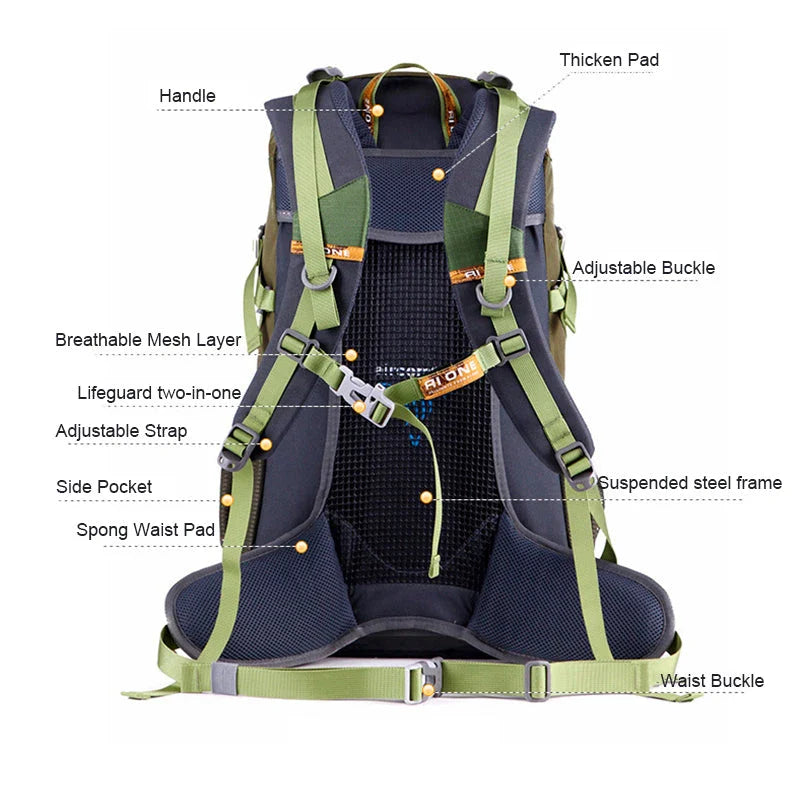 Durable outdoor backpack with waterproof construction, rain cover, and multiple compartments for organised adventuring