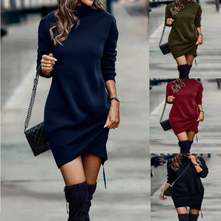 A stylish long sleeve dress with a high neck and an asymmetric skirt in a range of contemporary colours