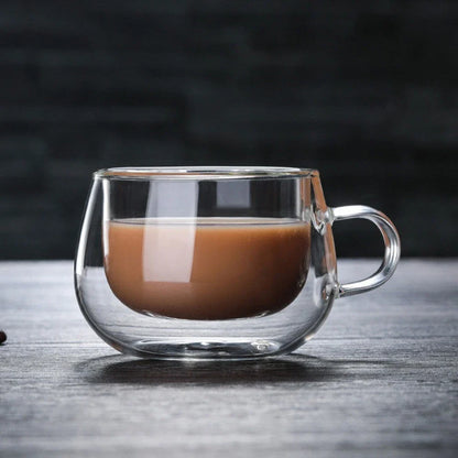 Double-Walled Heat Resistant Borosilicate Glass Mug in Clear and Smoke Grey Colours, Featuring Elegant Design and Generous Capacity