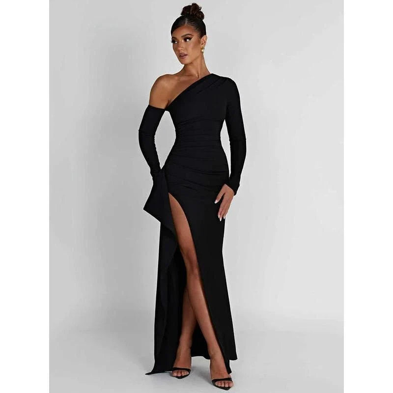 Elegant oblique shoulder maxi dress with backless design and thigh-high split for upscale evening events