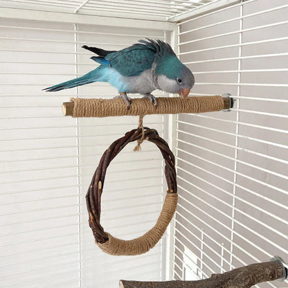 Rustic apple wood bird swing and perch toy for small to medium-sized Kiwi birds like parakeets, cockatiels, and sun conures