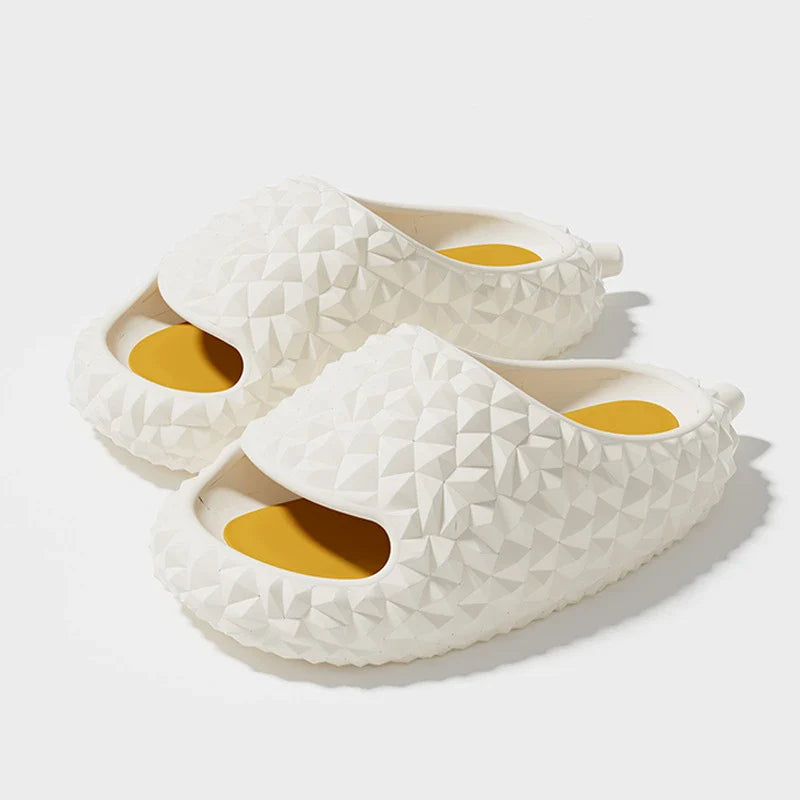 Durian-inspired slippers in vibrant Kiwi-friendly colours, featuring a non-slip EVA sole for comfort and safety