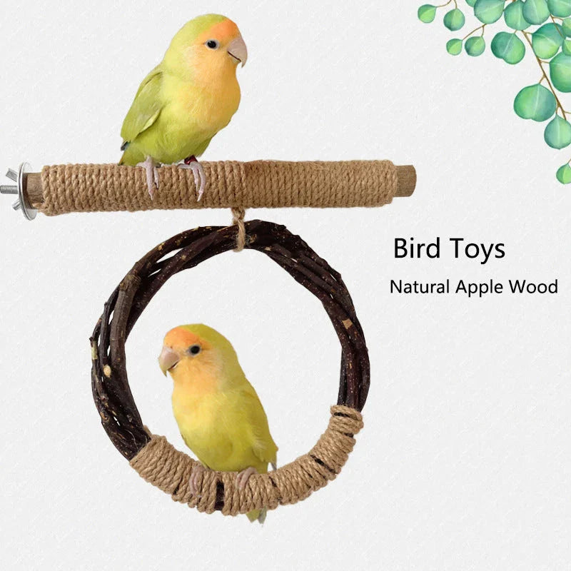 Rustic apple wood bird swing and perch toy for small to medium-sized Kiwi birds like parakeets, cockatiels, and sun conures