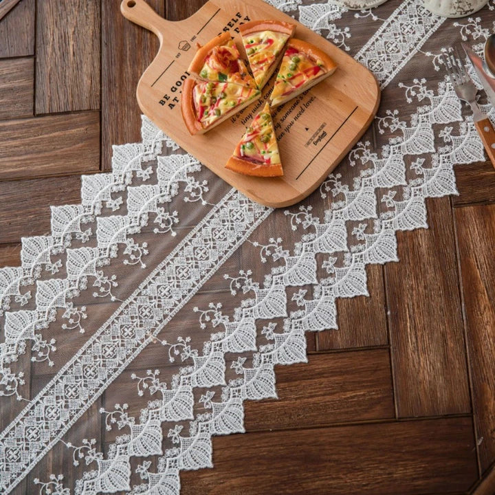 Elegant Lace Table Runner with intricate embroidery and hollowed-out design, perfect for enhancing the look of any dining table in New Zealand.