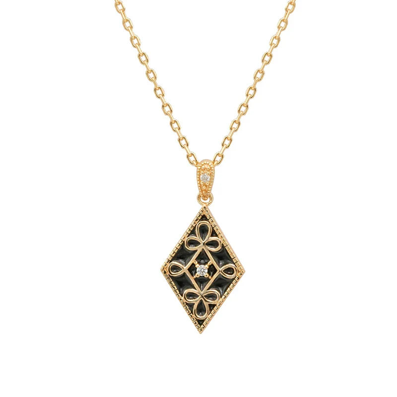 Premium 925 sterling silver retro geometric pendant necklace with oil-dripping treatment, available in black and white colors