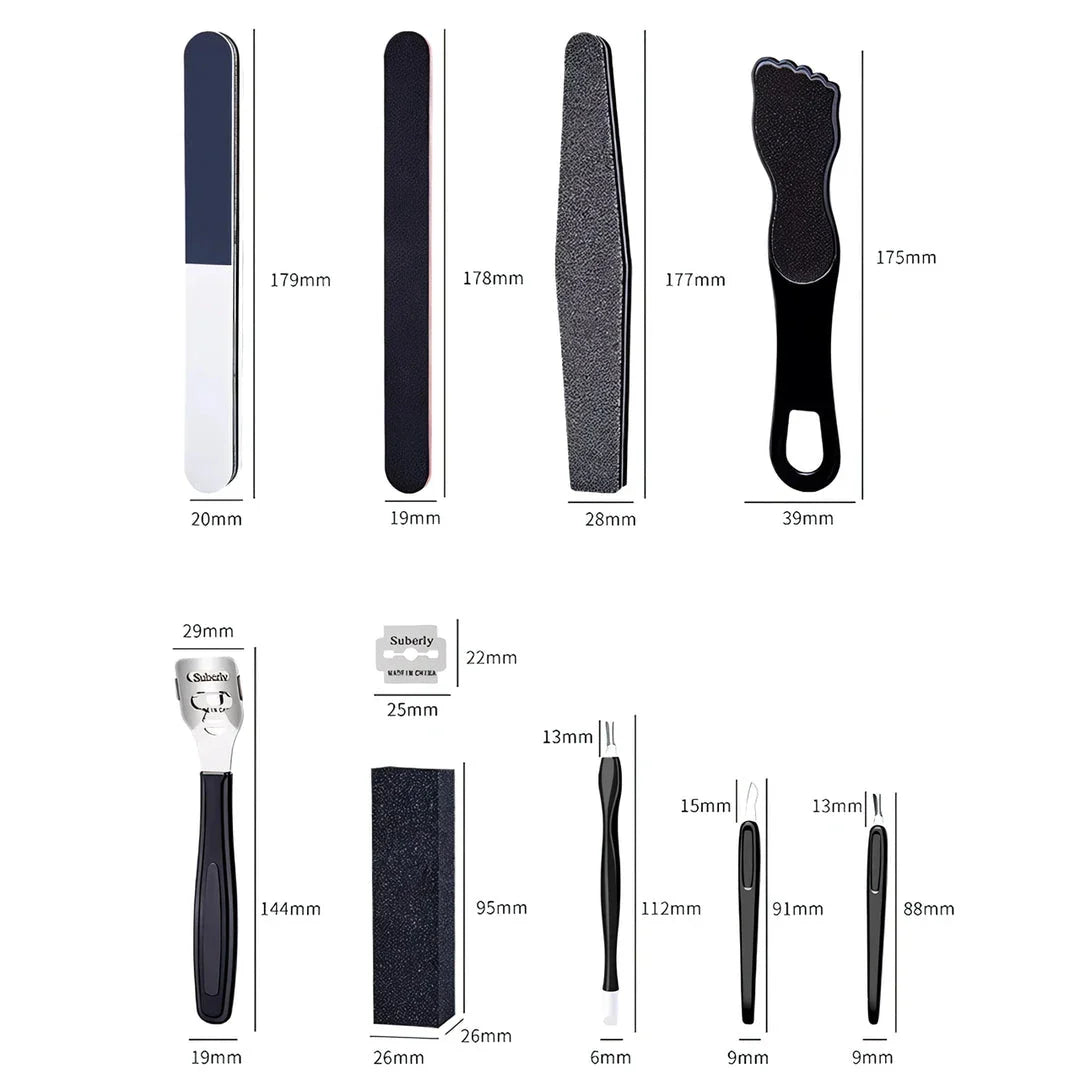 Black 12-piece pedicure care set with stainless steel and plastic tools for removing corns, calluses, and thick nails to leave feet baby-soft and smooth