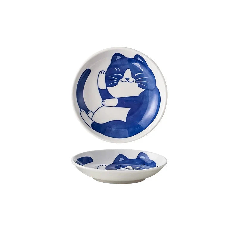 Ceramic Porcelain Dish with Hand-Painted Lucky Cat Design for Serving Sauces, Dips, and Desserts