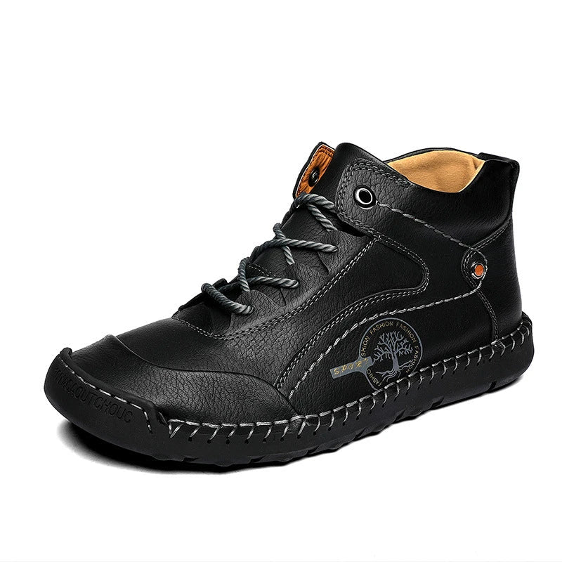 Rugged retro leather boots in black, light brown, and khaki colors, featuring a vintage-inspired design with eye-catching stitching and a durable rubber sole for superior grip