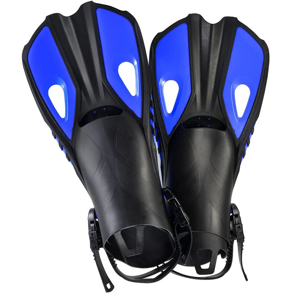 Adjustable Travel Snorkel Fins in different colours, designed for comfort, performance, and versatility in the water.