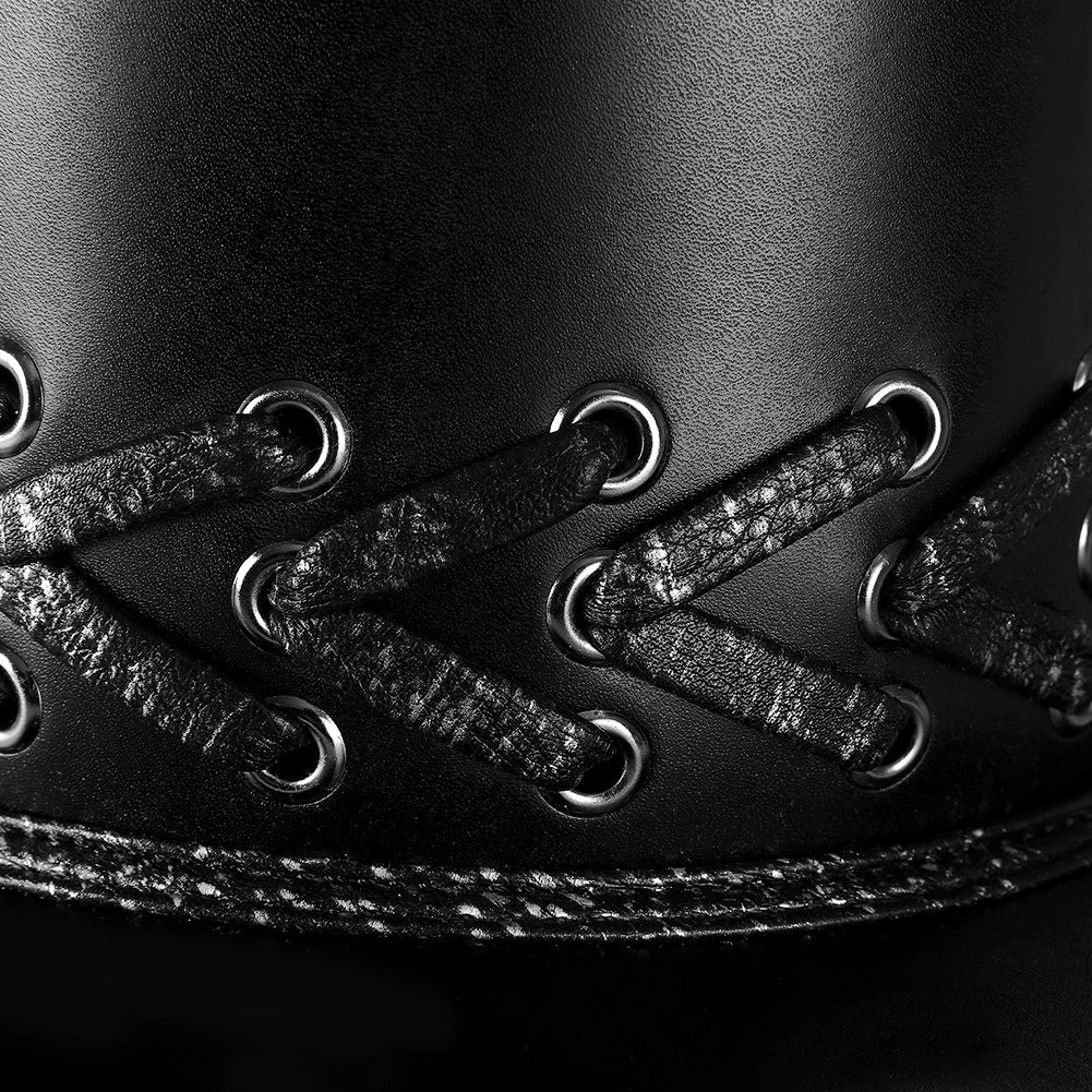 A black punk-style top hat with an embossed skull design, made of premium PU leather.