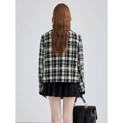 Stylish plaid woollen women's short jacket with contrast colour patchwork, perfect for Kiwi winters