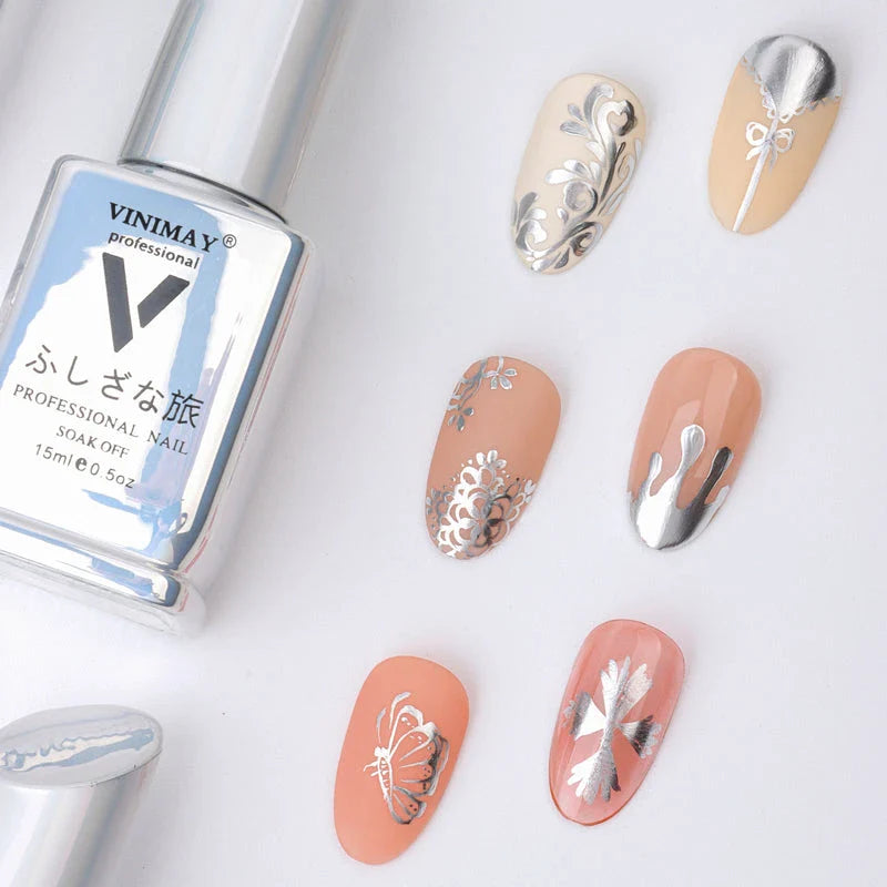 Trendha Metallic Mirror Silver Gel Nail Polish with a reflective, high-gloss finish that catches the light beautifully