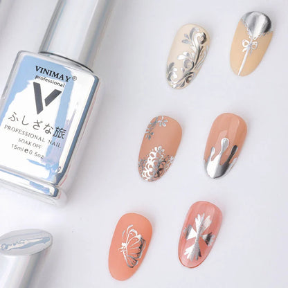 Trendha Metallic Mirror Silver Gel Nail Polish with a reflective, high-gloss finish that catches the light beautifully