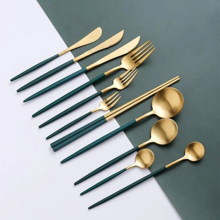 A set of eco-friendly, minimalist tableware in green and gold colors, suitable for 4 diners in a New Zealand home.