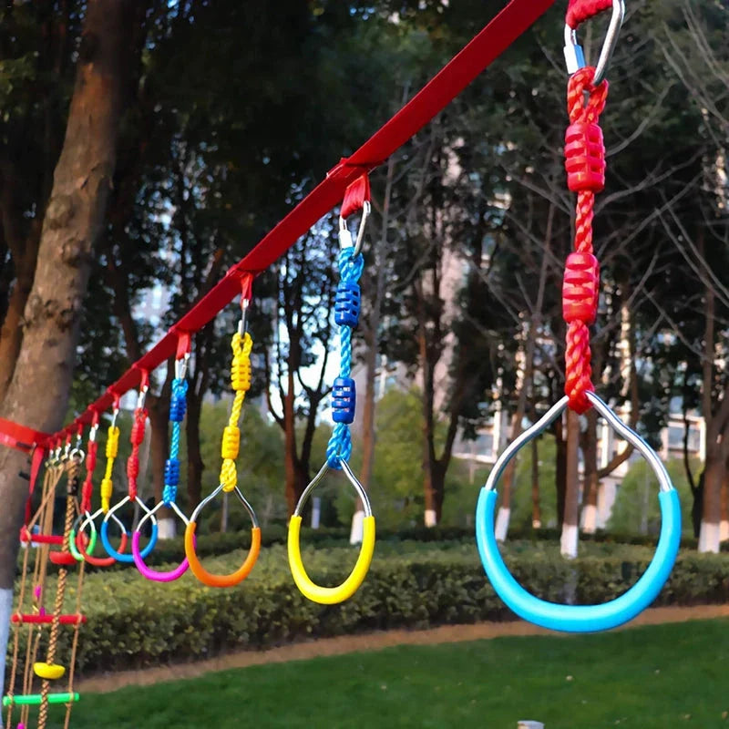 Adjustable Gymnastic Ring Swing for outdoor play and fitness, featuring vibrant colours and a durable, weatherproof design.