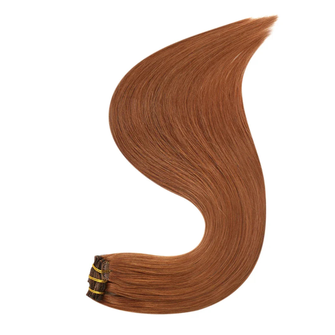 12-inch Clip-In Human Hair Extensions in Auburn, made with 100% Brazilian Remy hair for a luxurious, natural-looking Kiwi style