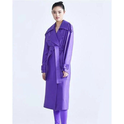 Elegant purple faux leather trench coat with adjustable waist and full-length sleeves for a tailored fit and stylish look