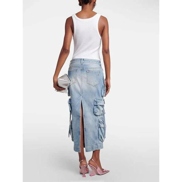 High waist denim skirt with distressed detail and ribbon slit - a versatile Kiwi fashion piece