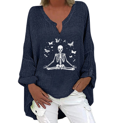 Trendha women's long sleeve shirt with Halloween-themed print, made from a soft cotton-linen blend fabric