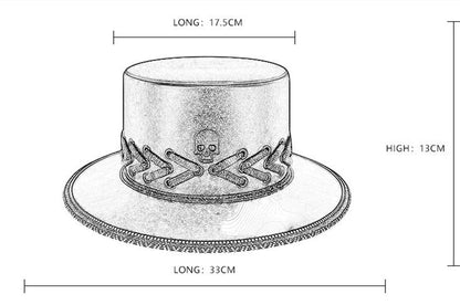 A black punk-style top hat with an embossed skull design, made of premium PU leather.