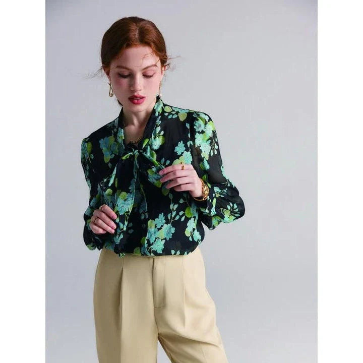 Elegant floral silk blend blouse with puff sleeves and bow collar, a timeless fashion statement for Kiwi women