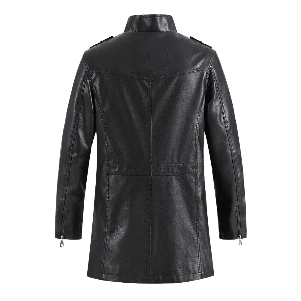 A stylish leather jacket with a standing collar, designed for the modern Kiwi man's casual and formal wear needs.