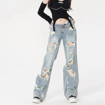 Light blue high-waist chic straight jeans with unique stripe fabric and subtle details