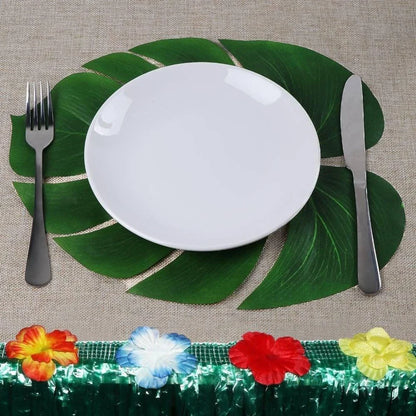 A set of 12 eco-friendly palm leaf placemats in a natural green color, adding a touch of rustic charm to the dining table.