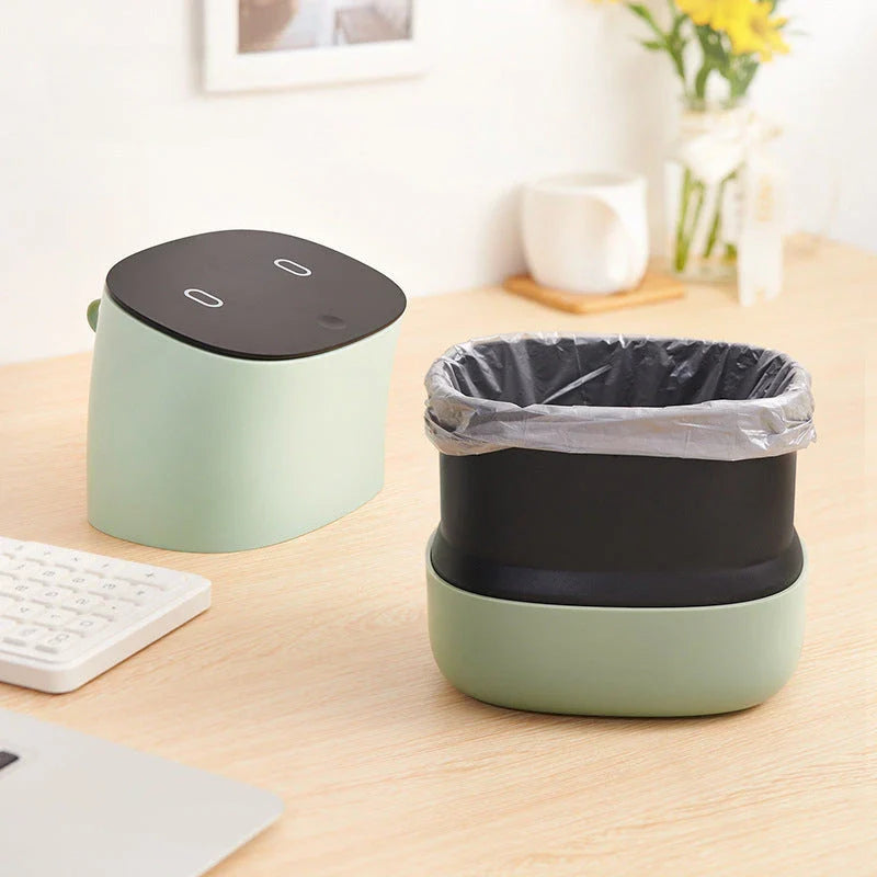 Compact desktop waste bin in green with sleek, minimalist design for tidy Kiwi workspace