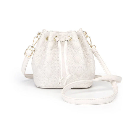 A stylish cowhide bucket handbag in cloud pearl color, featuring a modern design and versatile functionality.