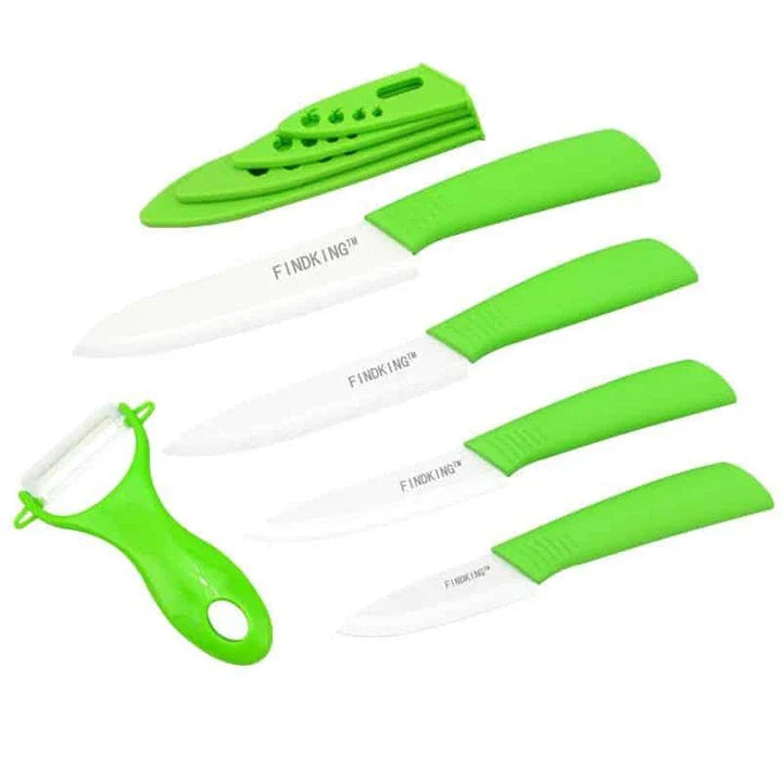 Set of premium ceramic knives with vibrant, colourful handles for a modern Kiwi kitchen