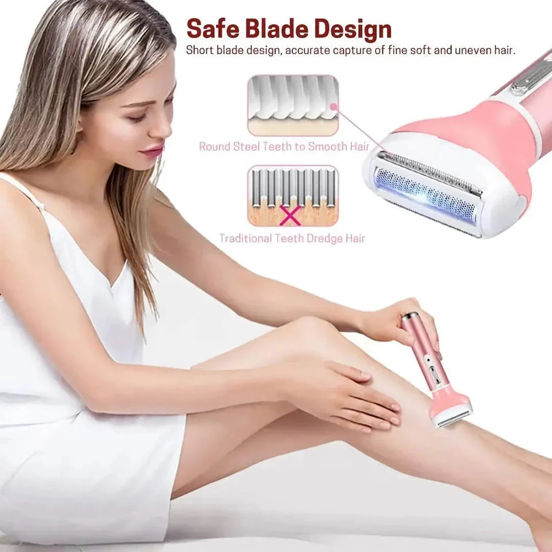 4-in-1 Electric Lady Shaver with four interchangeable heads for versatile hair removal on face, body, and bikini area