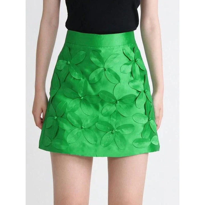 Elegant floral-patterned A-line mini skirt with a high-waist design, perfect for Kiwi summer fashion