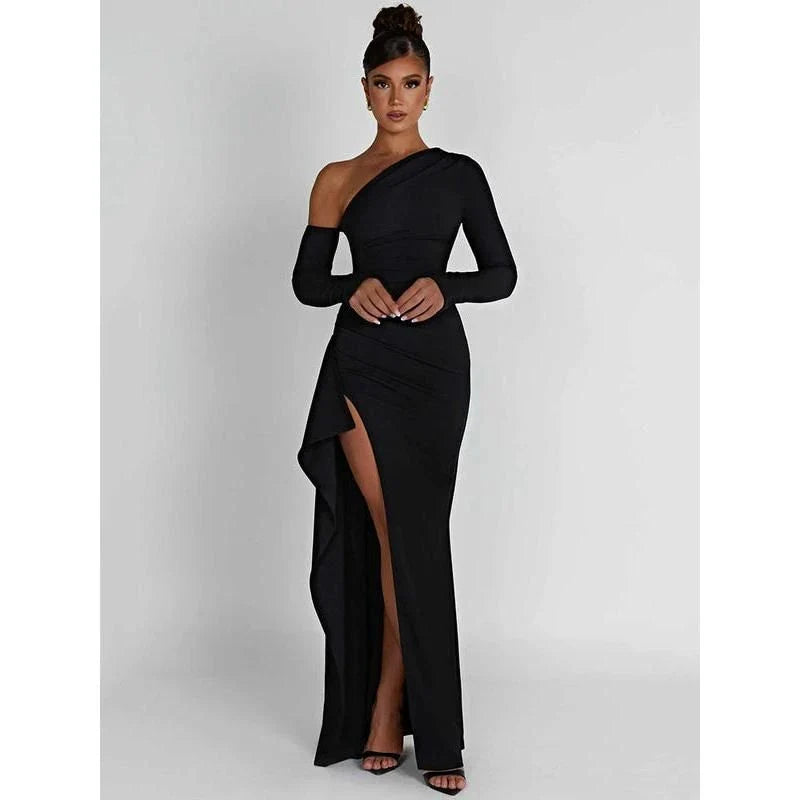 Elegant thigh-high split maxi dress with oblique shoulder design for sophisticated evening events