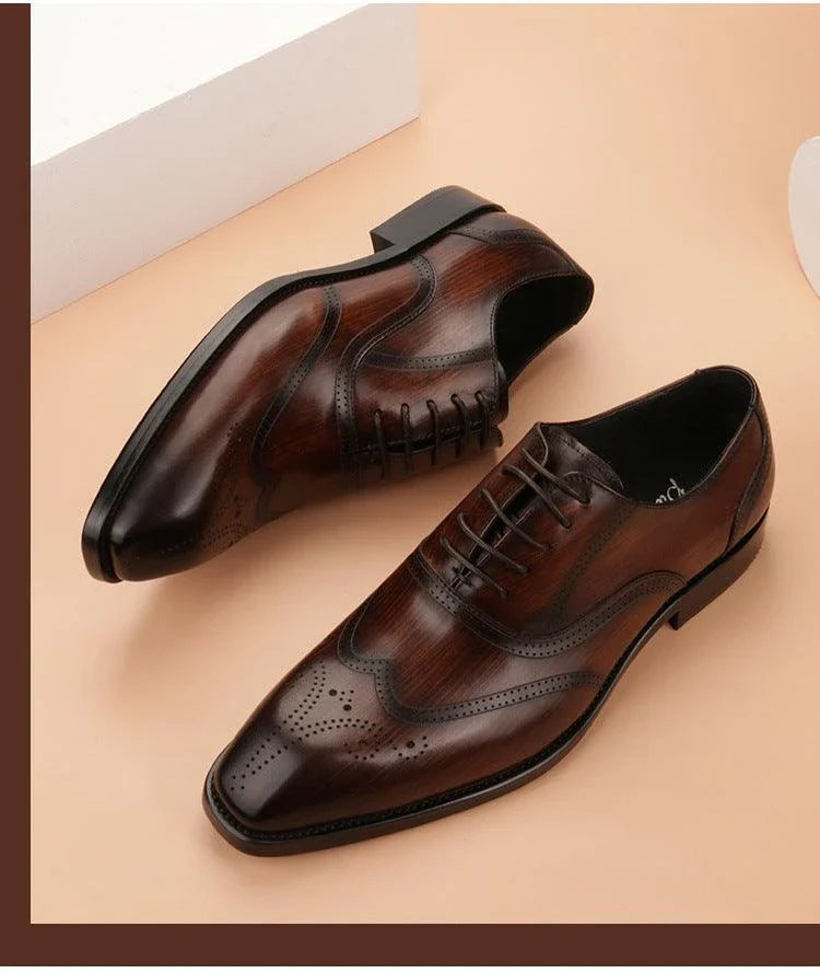 Stylish men's leather dress shoes with engraved pattern and retro-inspired square toe design