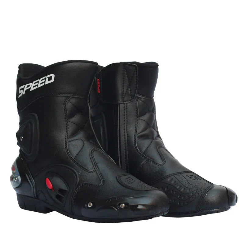 Motorcycle riding boots with reinforced toe and heel, slip-resistant construction, and adjustable straps for a secure fit