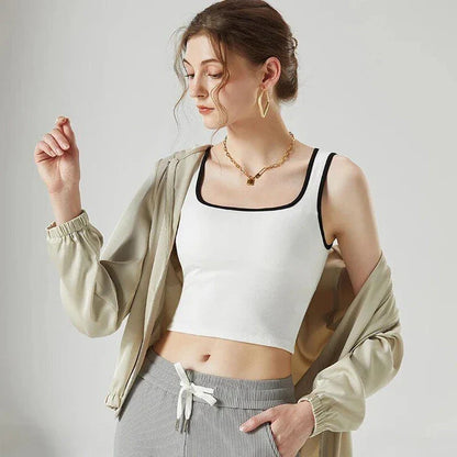 Stylish padded sleeveless crop top in a unique patchwork design, perfect for Kiwi women's active lifestyles.