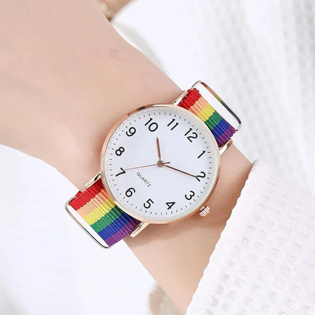 Rainbow-coloured fabric strap women's wristwatch with alloy case and quartz movement