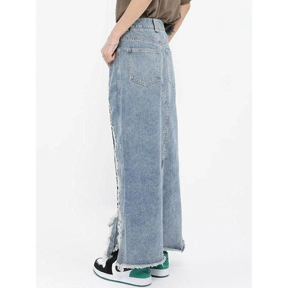 High-waisted denim skirt with unique pattern of holes and irregular burrs, made from premium cotton-polyester blend