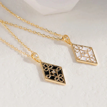 Premium 925 sterling silver retro geometric pendant necklace with oil-dripping treatment, available in black and white colors