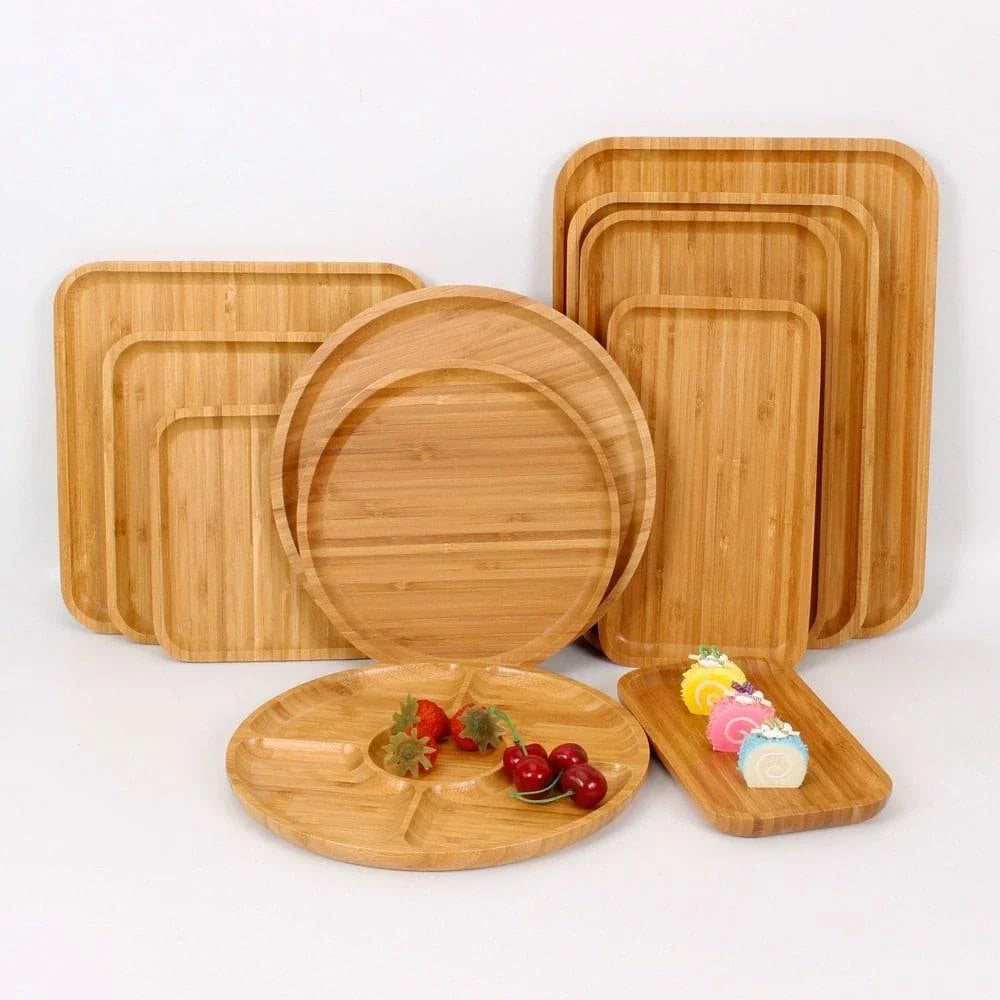 Bamboo serving tray with a sleek, minimalist design for serving food, drinks, or as a decorative piece in a modern kitchen