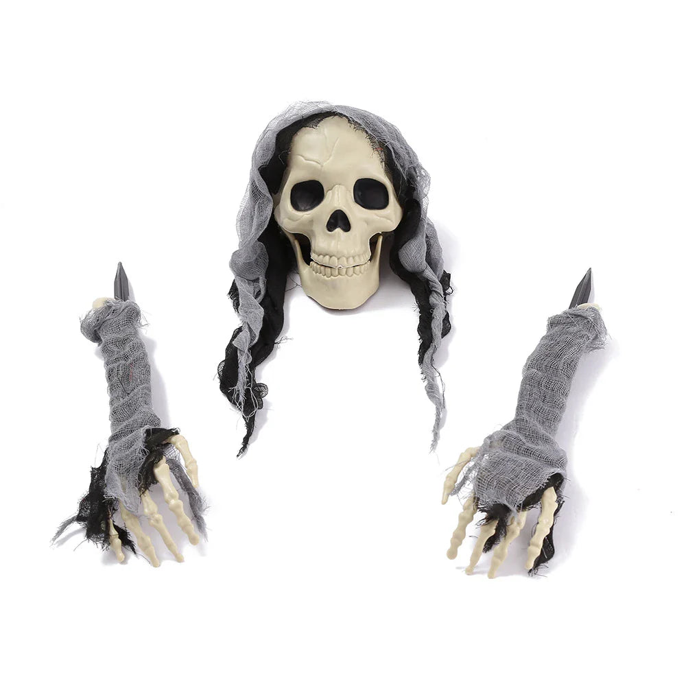 Eerie Haunts: Three-piece set of lifelike Halloween skull decor in green, red, and grey colours, made in New Zealand