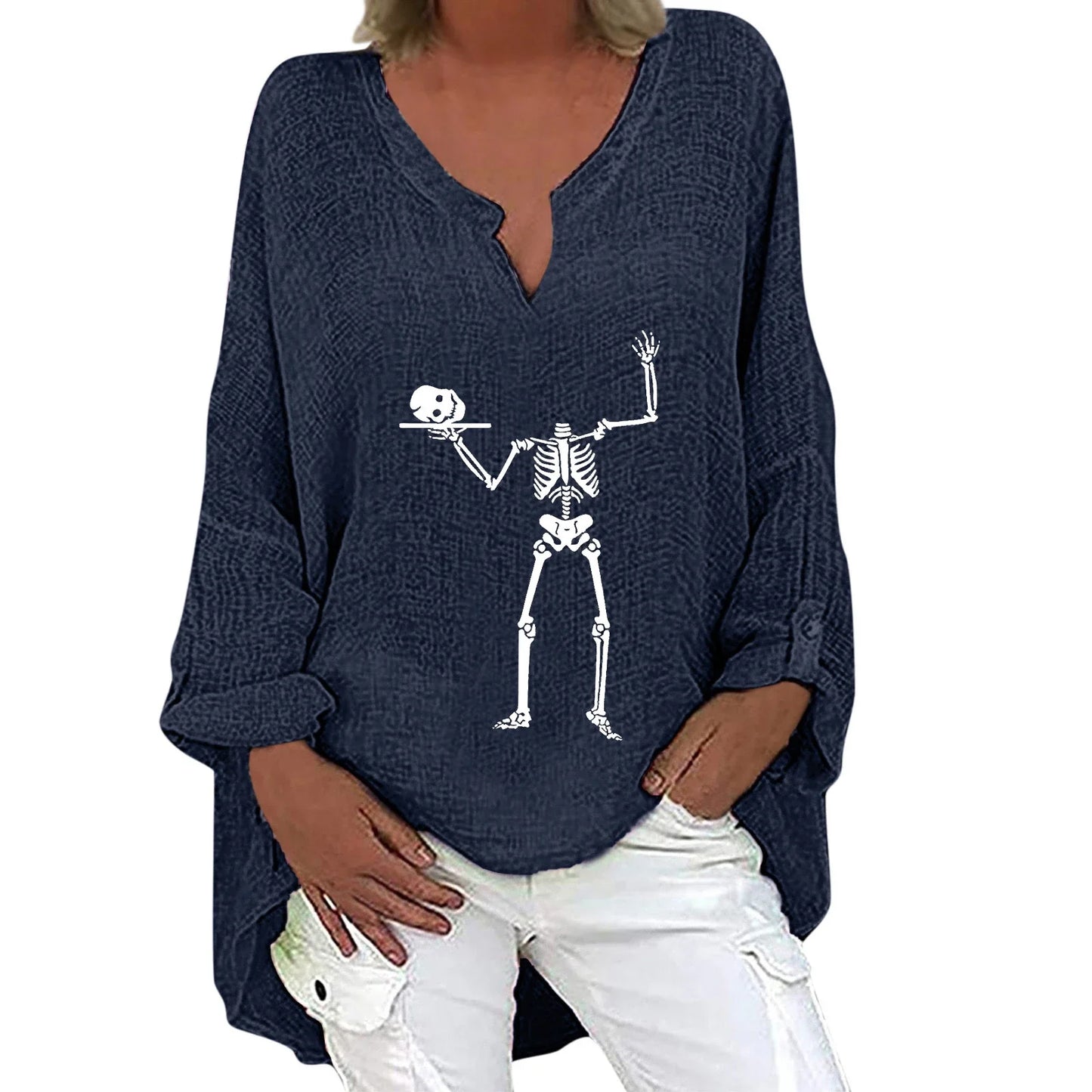 Trendha women's long sleeve shirt with Halloween-themed print, made from a soft cotton-linen blend fabric
