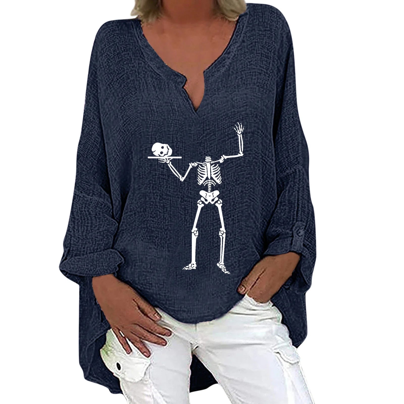 Trendha women's long sleeve shirt with Halloween-themed print, made from a soft cotton-linen blend fabric