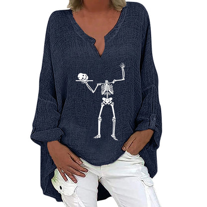 Trendha women's long sleeve shirt with Halloween-themed print, made from a soft cotton-linen blend fabric