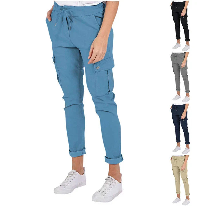 Stylish women's cargo pants with drawstring waist, pockets, and solid colour design