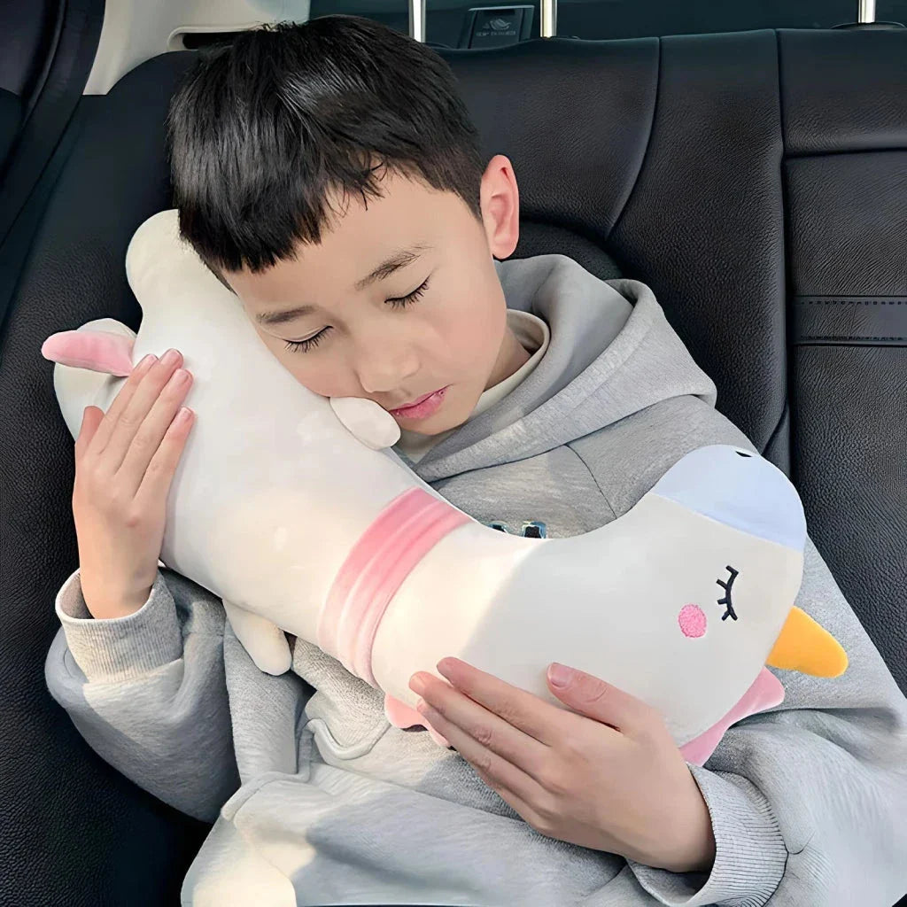 Soft, breathable car safety belt cushions with cartoon-themed designs to keep Kiwi families comfortable and entertained on long car rides.