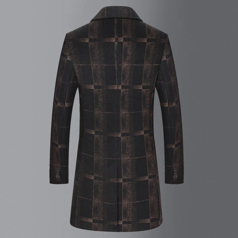 Men's Mid-length Slim Wool Coat in Camel and Gray colors, featuring a tailored silhouette and subtle grid pattern