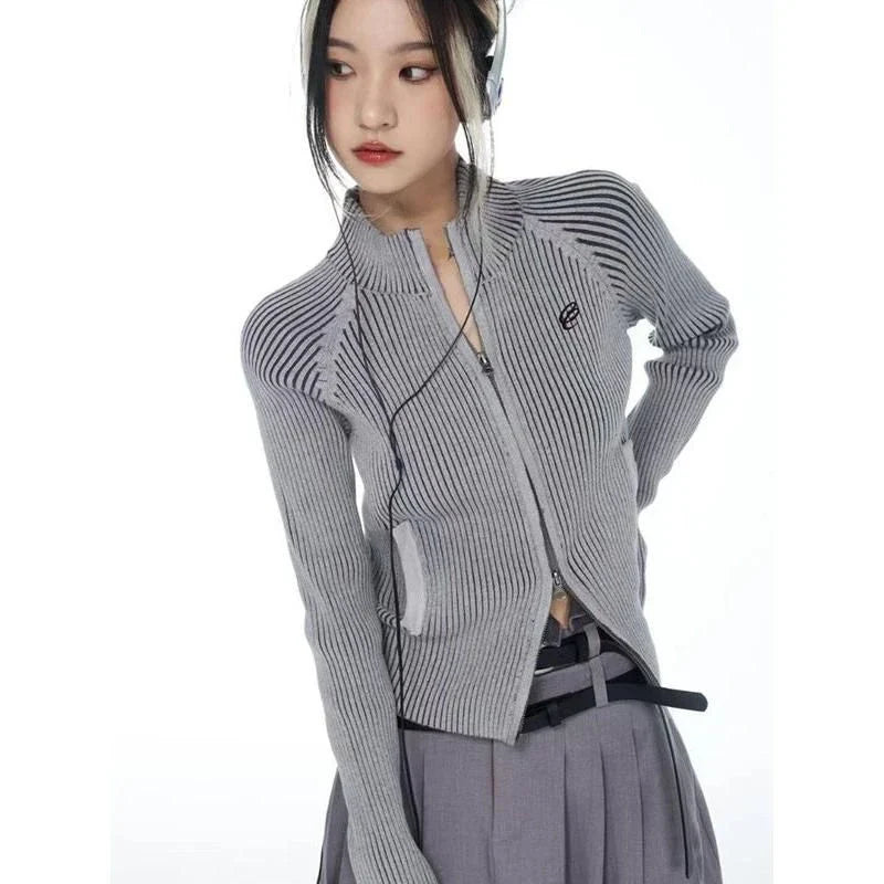 Embroidered Y2K Aesthetic Zipper Cardigan in gray, featuring unique character embroidery and a versatile design for all-season wear.