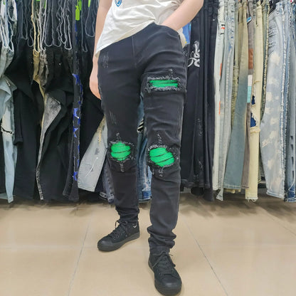 Men's Black Ripped Jeans with Green Patchwork Sustainable Fashion Design